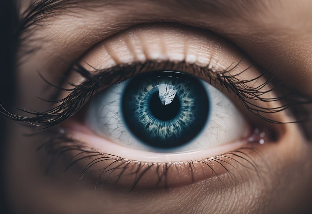 Evil Eye Myth - A menacing eye hovers over a modern healthcare setting, casting a malevolent glare on the environment