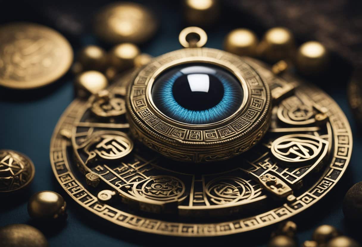 Evil Eye Myth - A protective amulet deflects the gaze of a sinister eye, surrounded by symbols of warding and protection from various cultures
