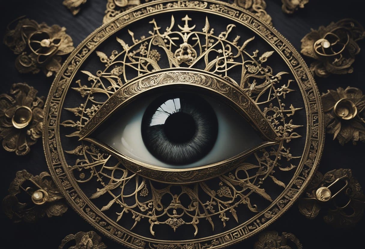 Evil Eye Myth - A dark, looming eye hovers over a diverse array of religious symbols, casting a shadow of fear and superstition