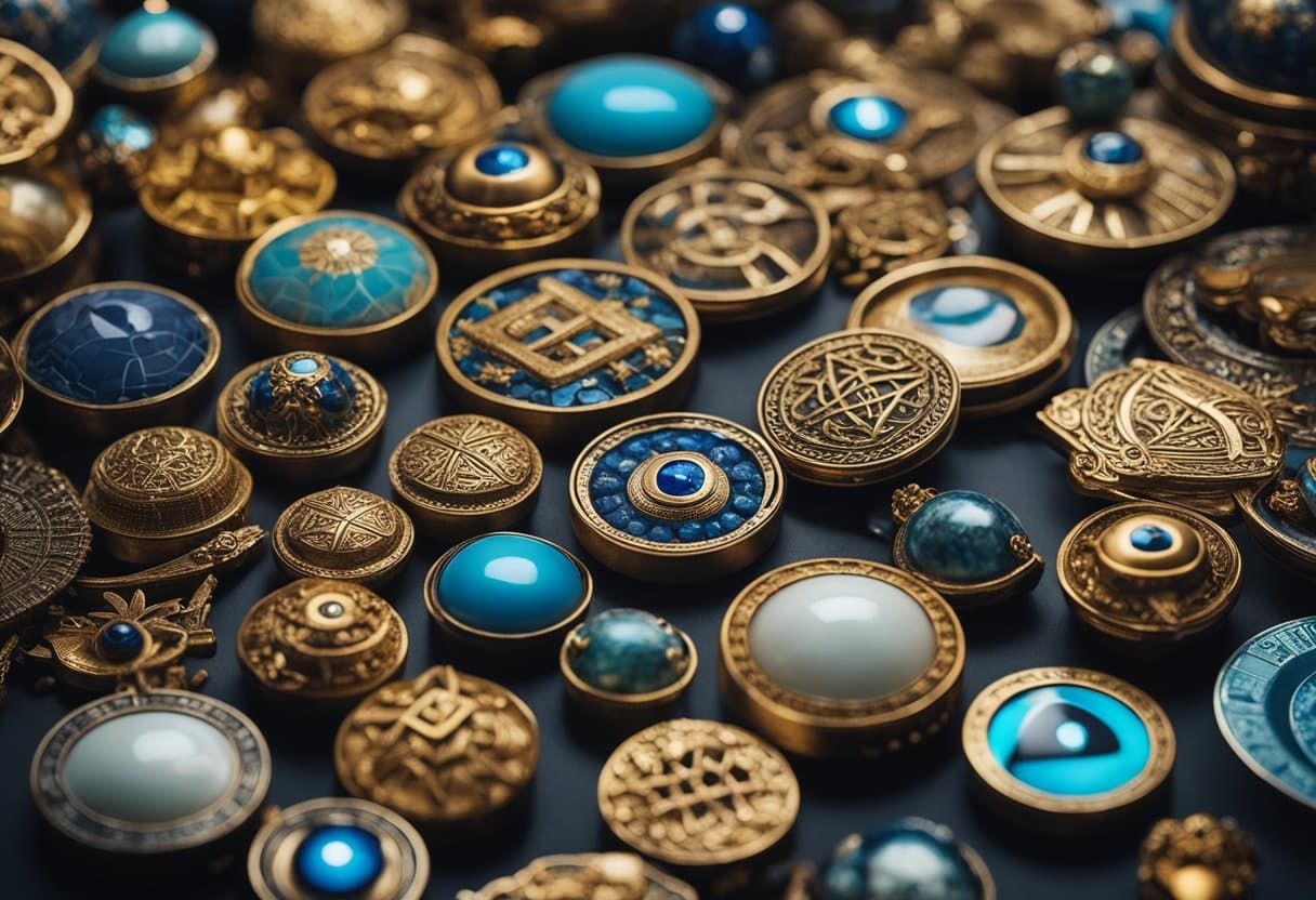 Evil Eye Myth - A vibrant, global marketplace with diverse people and products, surrounded by protective symbols and talismans against the evil eye