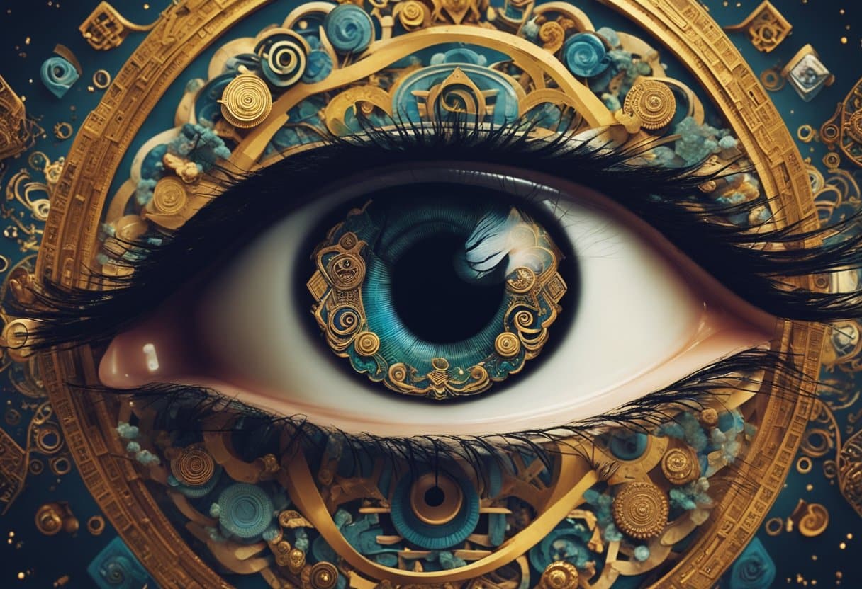 Evil Eye Myth - A swirling, hypnotic eye hovers over a diverse array of cultural symbols, including amulets, talismans, and protective wards from around the world