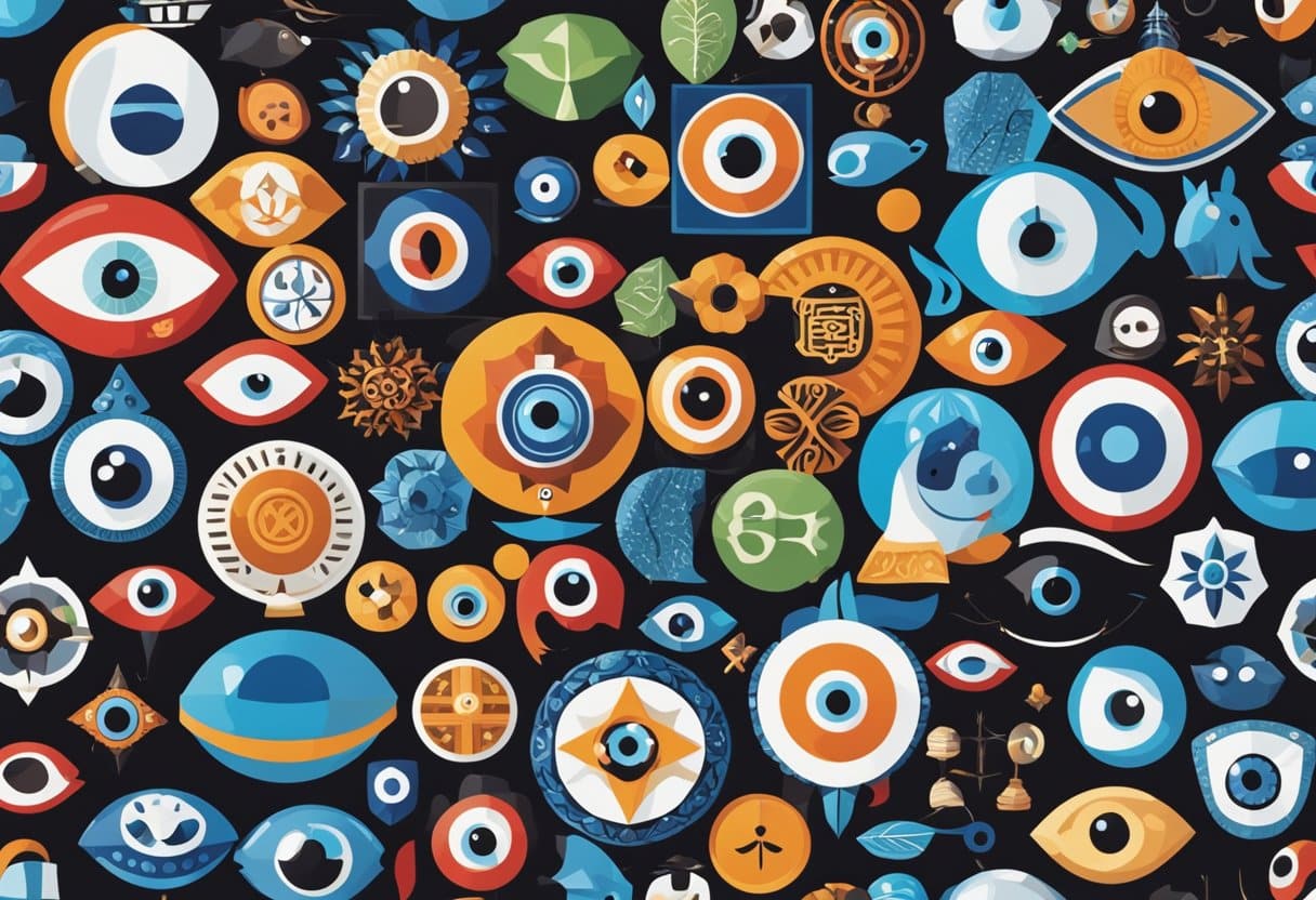 Evil Eye Myth - A collection of diverse symbols representing the evil eye myth from various cultures around the world