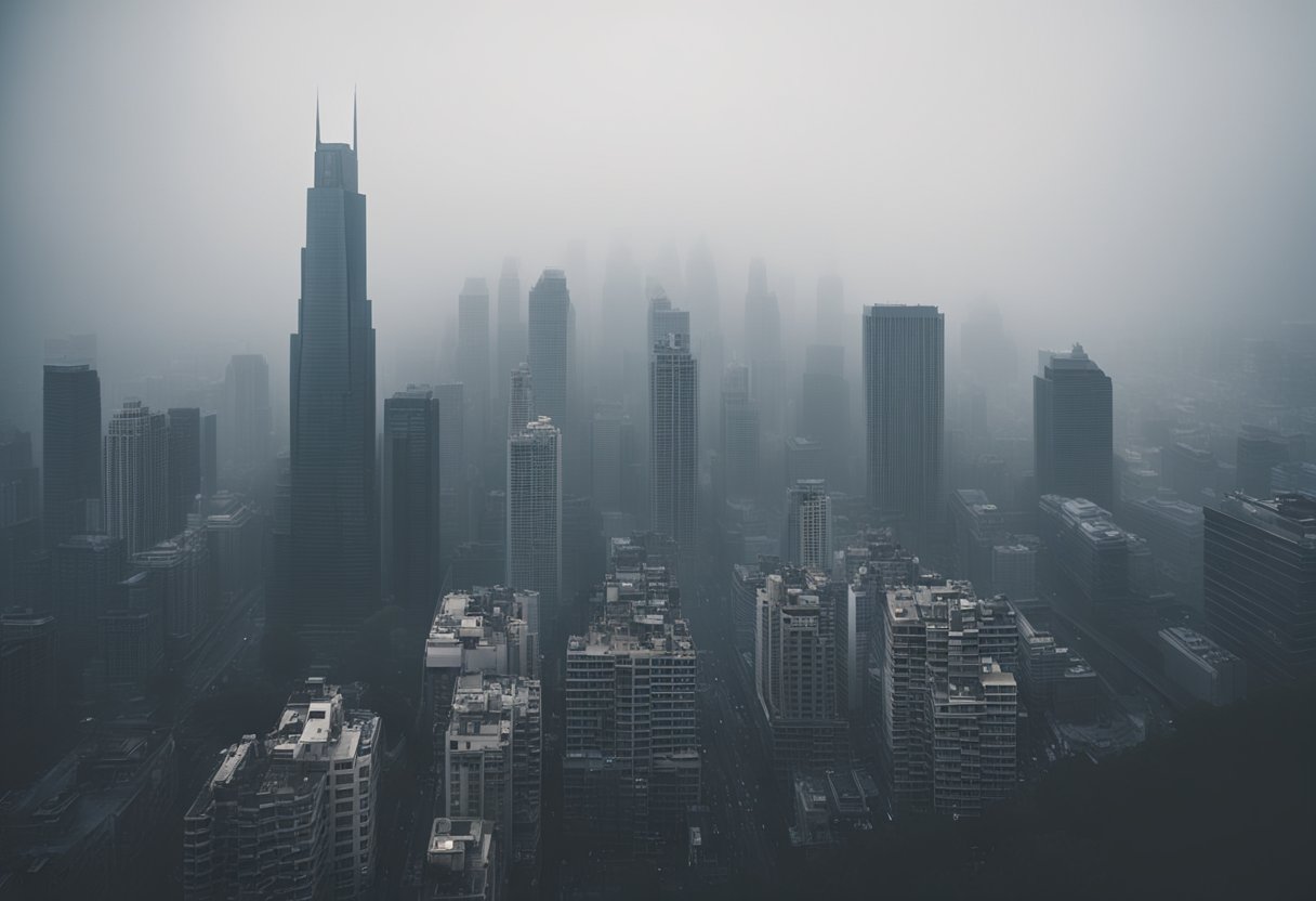 A city skyline emerges from a dense fog, revealing hidden structures and secret passageways. The buildings stand tall, exuding power and mystery, while the streets below show signs of struggle and resilience