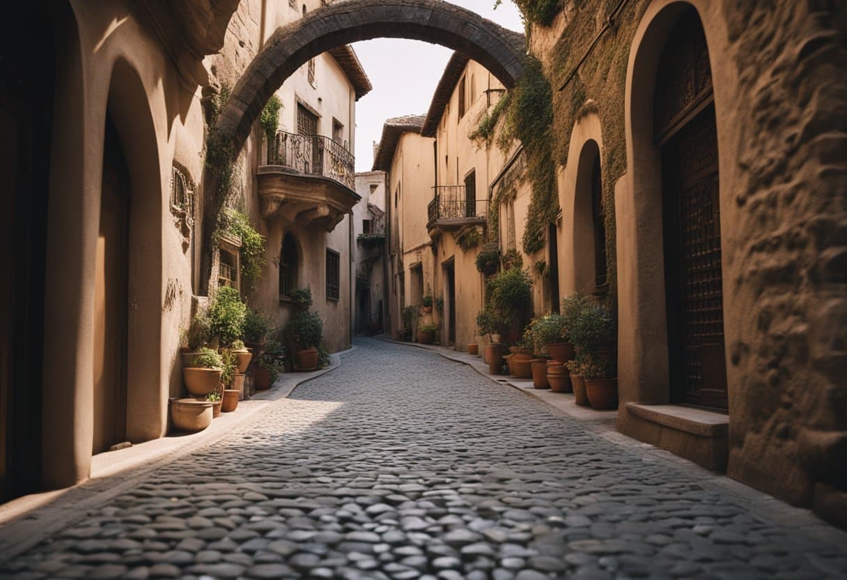 A labyrinth of narrow cobblestone streets winds through ancient buildings adorned with intricate carvings and ornate archways, revealing the hidden urban gems of a secret city