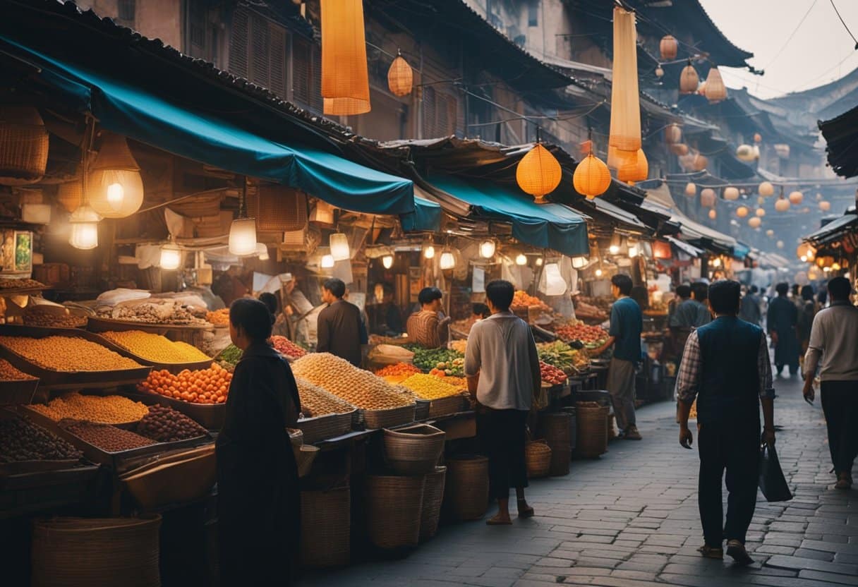 Vibrant street market with colorful stalls, bustling crowds, and exotic aromas, set against a backdrop of ancient architecture and hidden alleyways