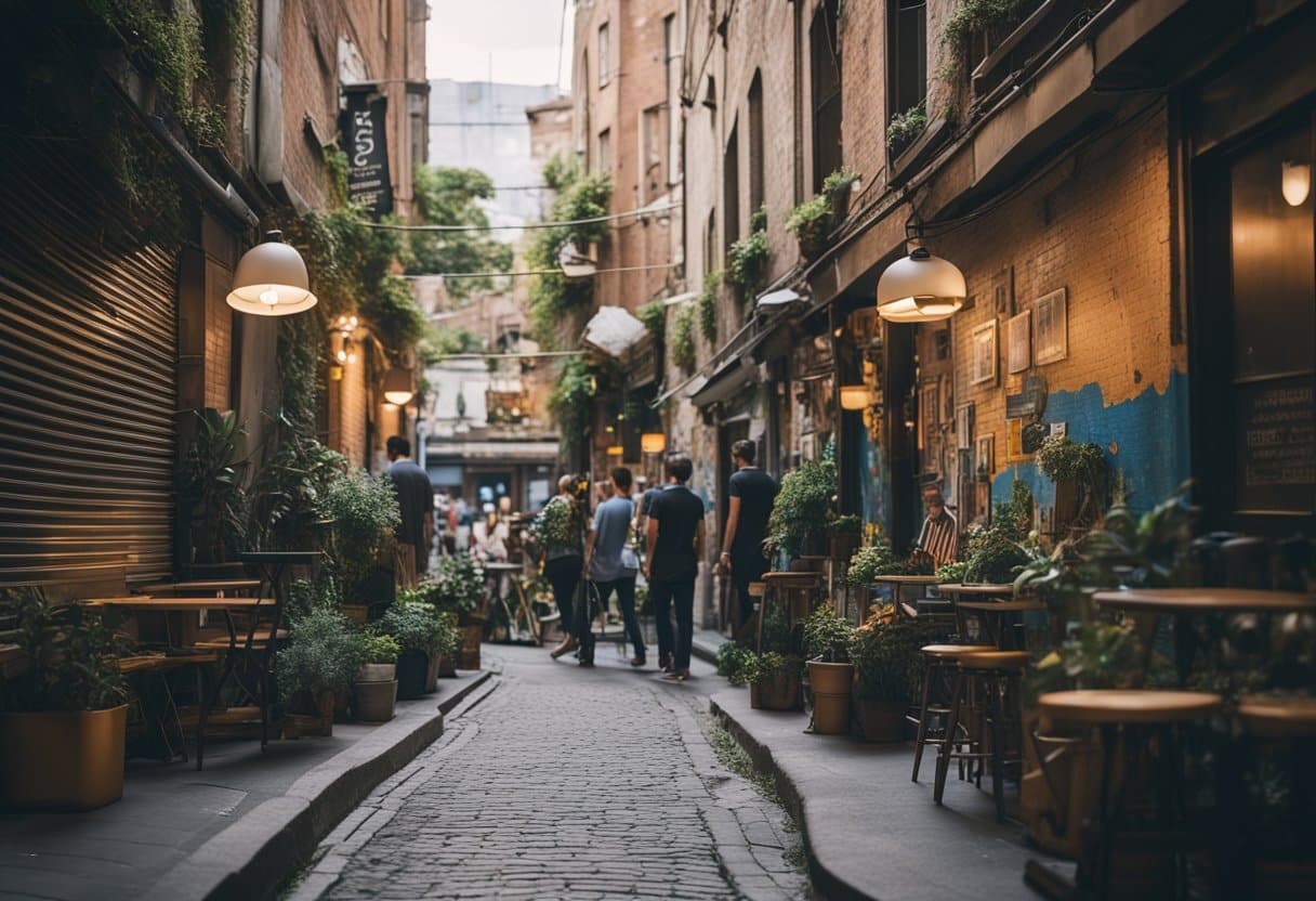 A bustling city street with hidden alleyways and vibrant murals, leading to secret cafes and underground art galleries