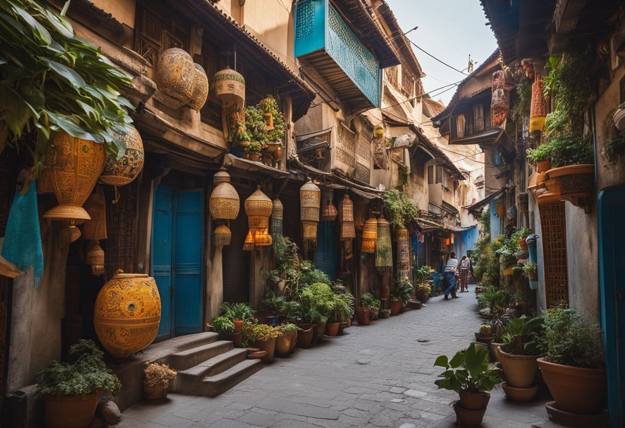 A network of narrow alleyways winds through ancient buildings, their facades adorned with intricate carvings and colorful murals. The streets are bustling with vendors selling exotic goods, while hidden courtyards provide peaceful retreats from the chaos