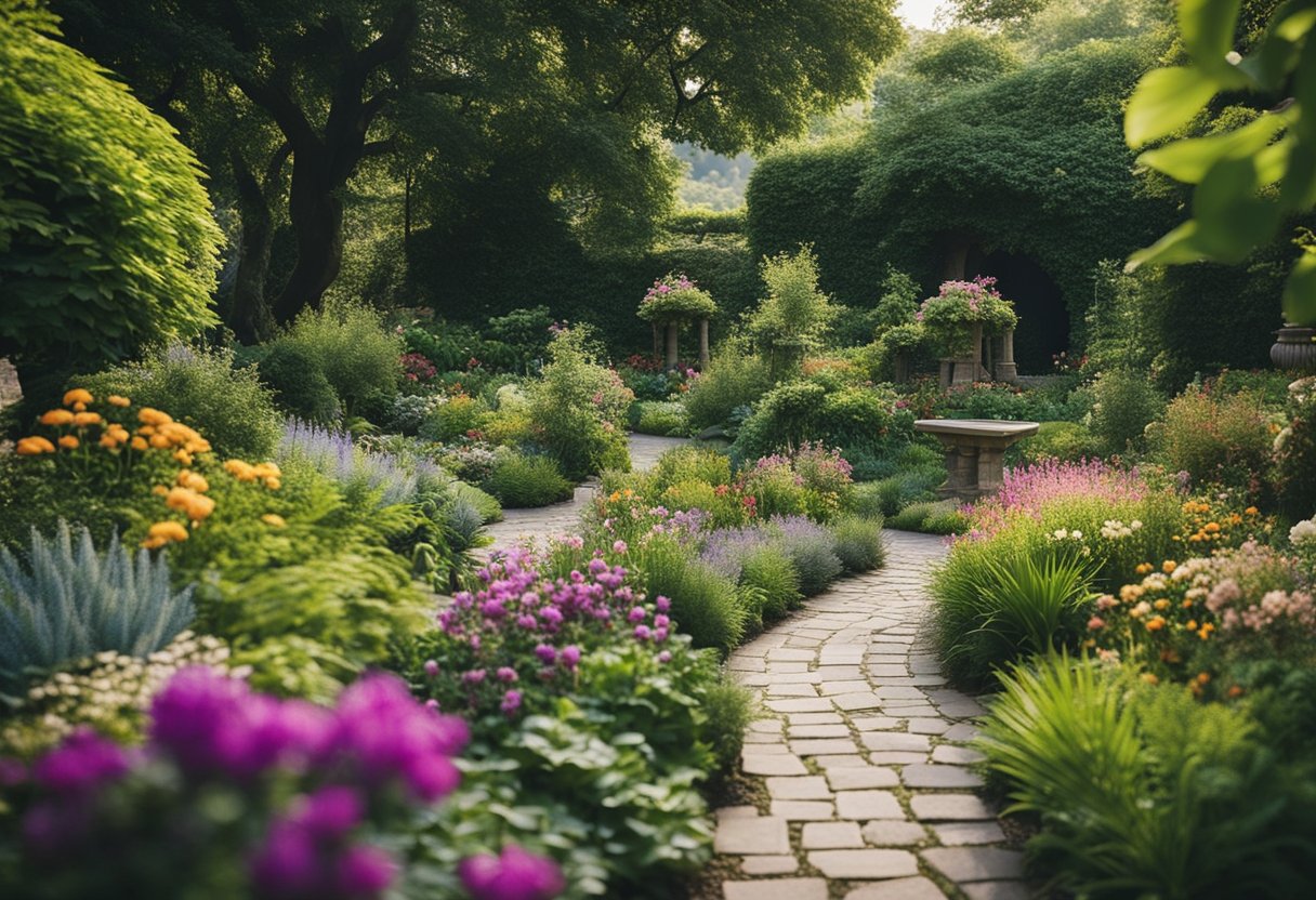 A lush, secluded garden nestled within a bustling city, with vibrant flowers, winding paths, and hidden alcoves waiting to be discovered