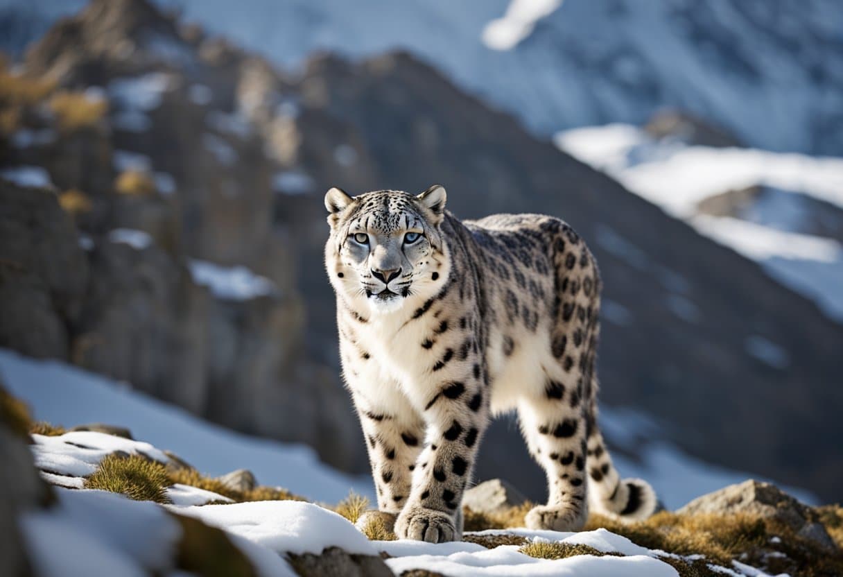 A snow leopard prowls through a rocky, snow-covered landscape, its sleek fur blending seamlessly with the surroundings. A herd of blue sheep grazes on the steep mountainside, while a majestic golden eagle soars overhead