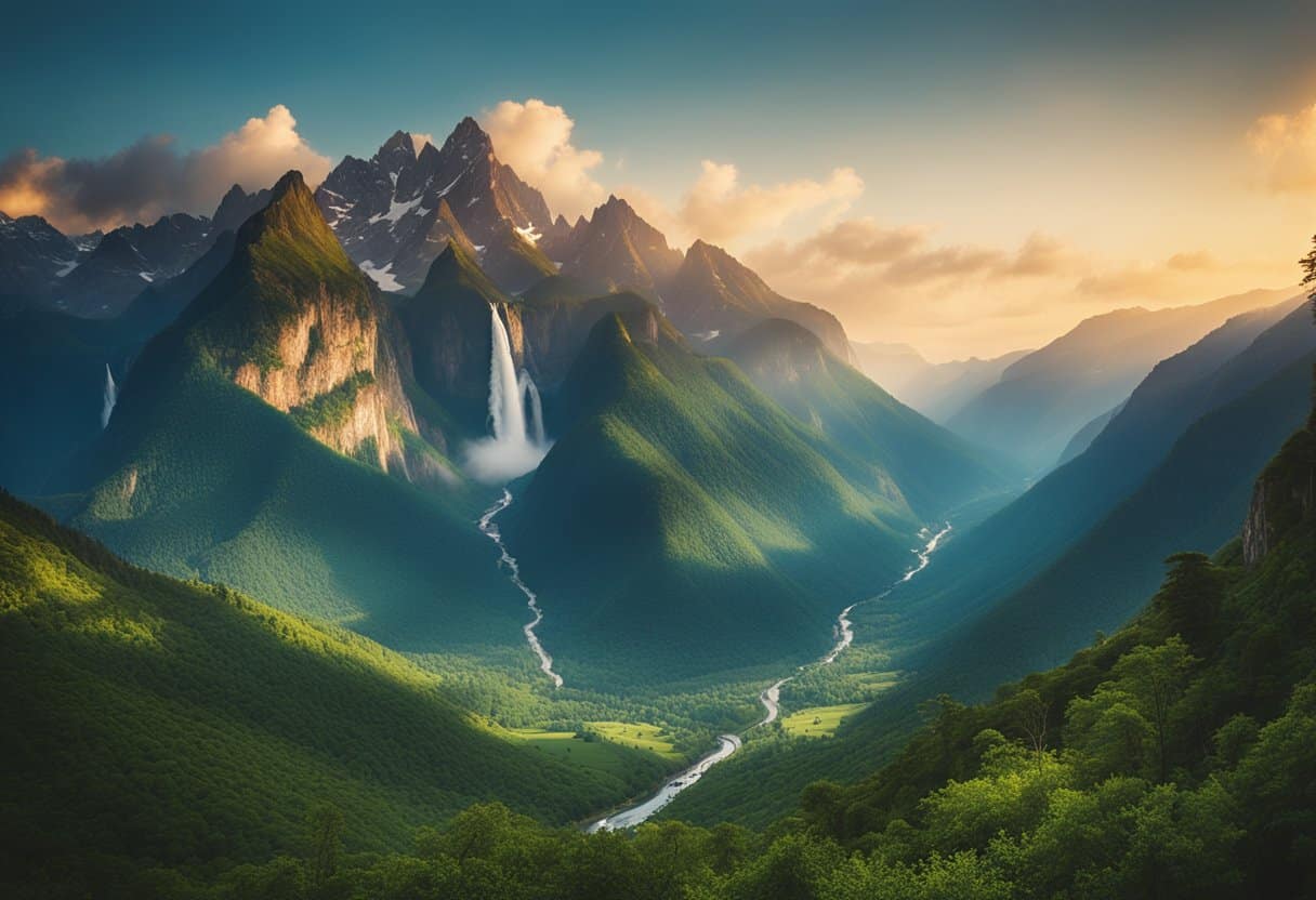 Majestic mountains rise above a serene valley, with lush greenery and cascading waterfalls. The sun sets behind the peaks, casting a warm glow over the breathtaking landscape