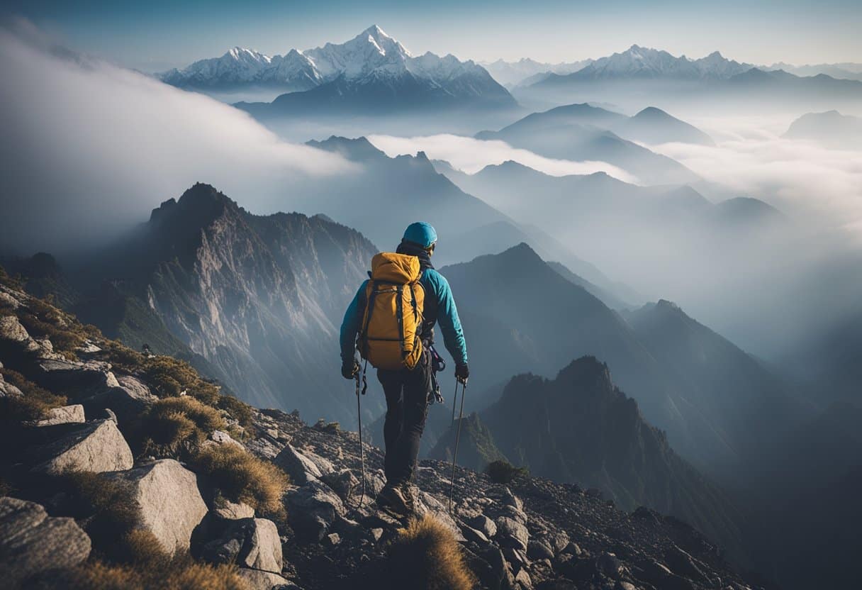 A lone climber conquers a treacherous peak, while another struggles against the elements. The towering Himalayas loom in the background, shrouded in mist and mystery