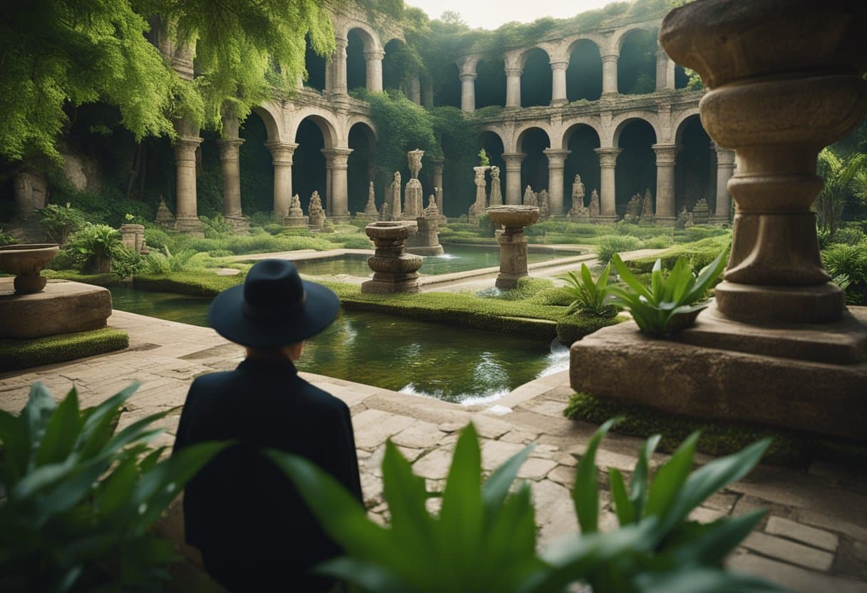 The legend of Tír na nÓg: Lush green landscape with ancient ruins, a shimmering fountain, and mystical creatures. An elder figure imparts wisdom to a group of attentive listeners