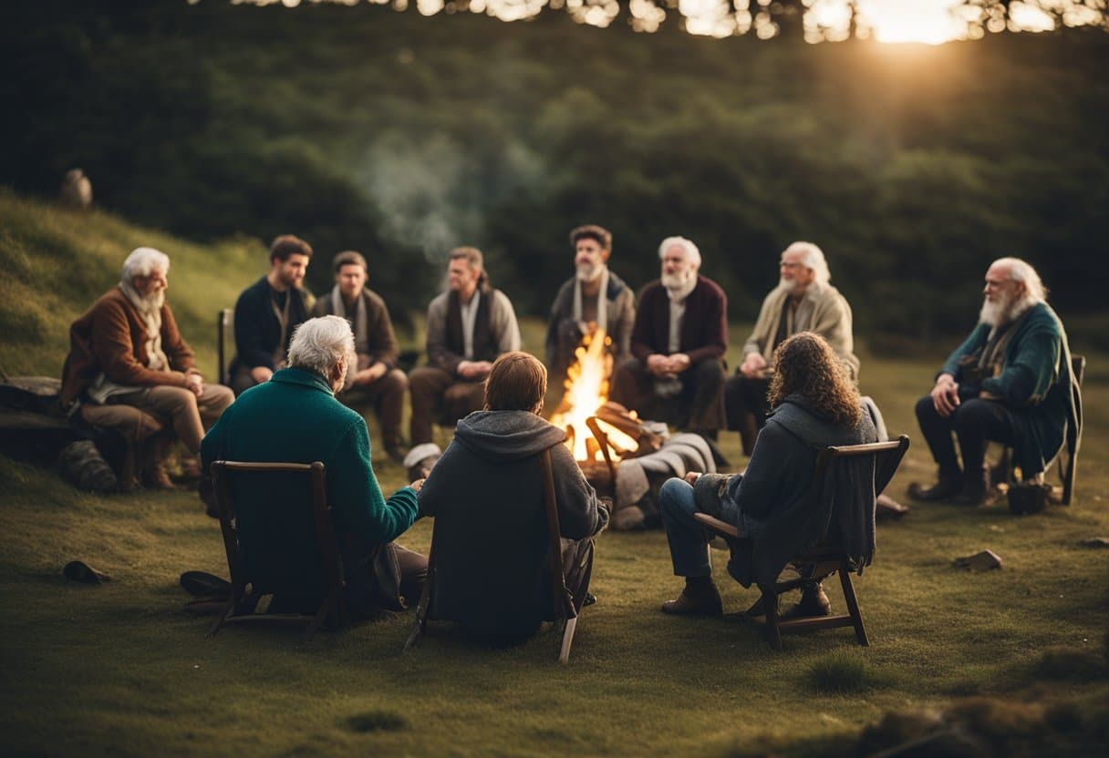 Storytelling in Ancient Ireland: Traditions and Narratives - An ancient Irish storyteller captivates a circle of listeners with tales of legends and mythology around a flickering campfire