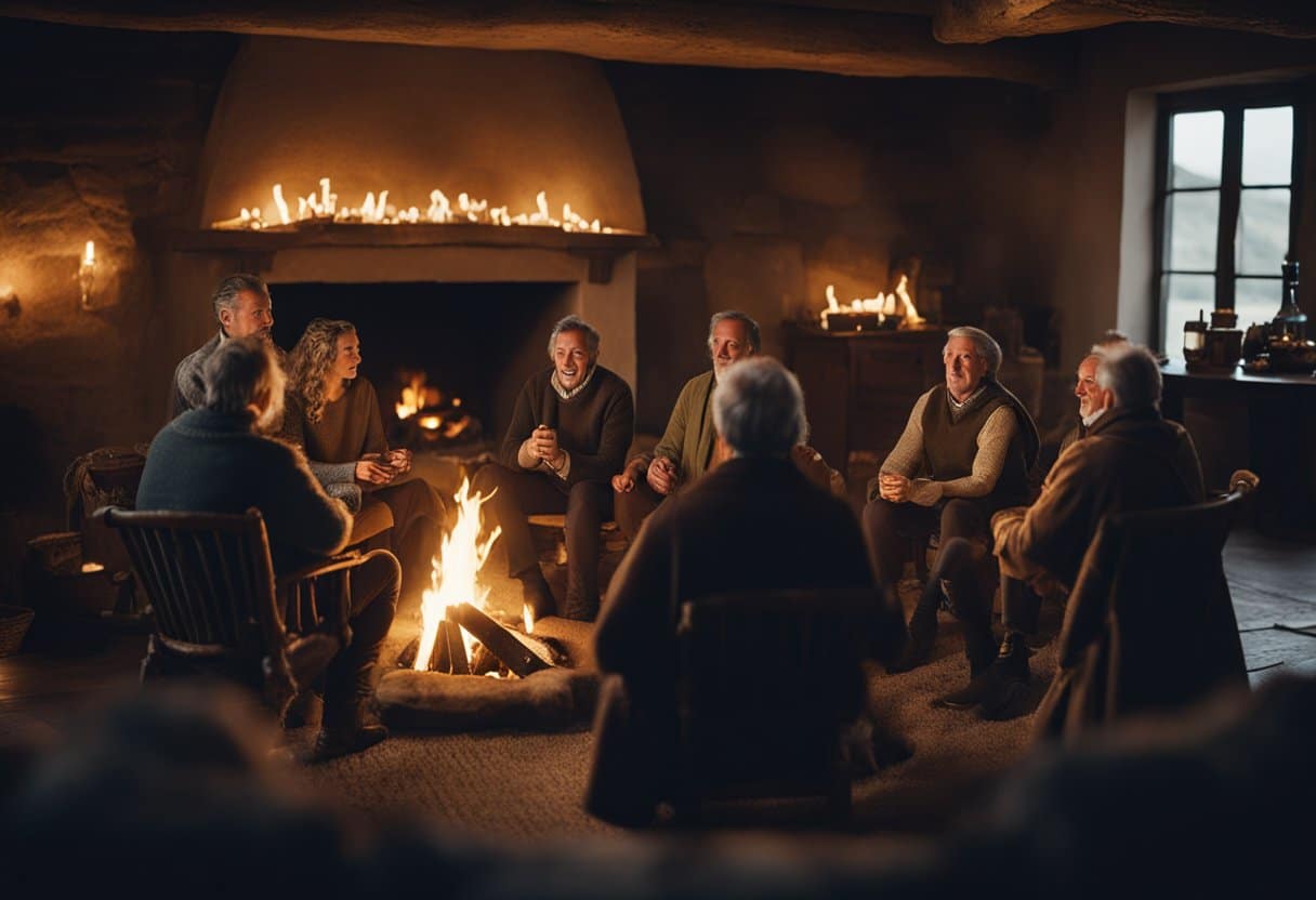 Storytelling in Ancient Ireland: Traditions and Narratives - A group of people gathered around a roaring fire, captivated by a storyteller weaving tales of ancient Ireland's rich history and cultural values