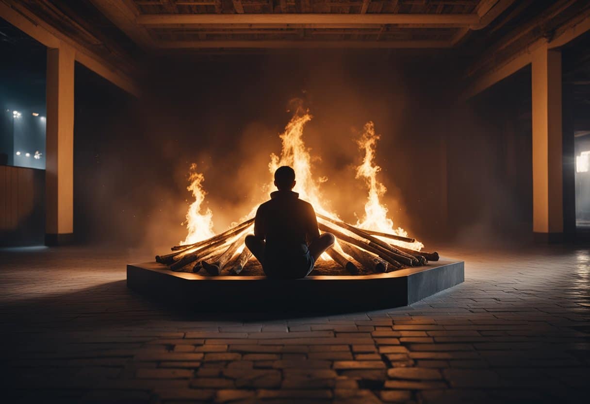Storytelling in Ancient Ireland: Traditions and Narratives - A fire crackles in the center of a dimly lit room. The Seanchaí sits cross-legged, captivating the audience with animated gestures and expressive facial expressions. The room is filled with rapt attention as the ancient tales unfold