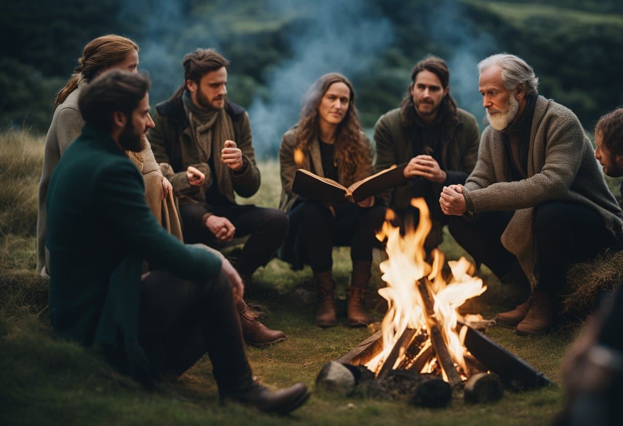 Storytelling in Ancient Ireland: Traditions and Narratives - A group of people gather around a fire, captivated by a storyteller weaving tales of ancient Ireland. The scene is filled with anticipation and reverence for the tradition of storytelling