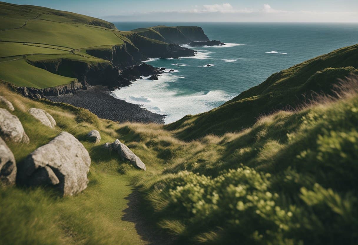 Storytelling in Ancient Ireland: Traditions and Narratives - Rolling green hills meet a rugged coastline, where waves crash against the rocks. A bard recites tales in Gaelic, as a crowd listens intently by a crackling fire
