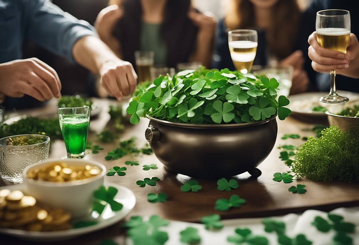 Irish Blessings - A table adorned with shamrocks and a pot of gold, surrounded by joyful people raising their glasses in celebration