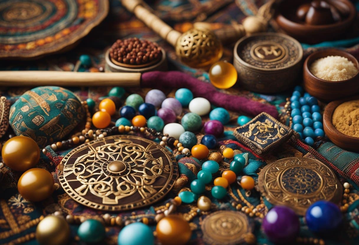 A colorful array of traditional healing tools and symbols from around the world, woven together in a vibrant tapestry