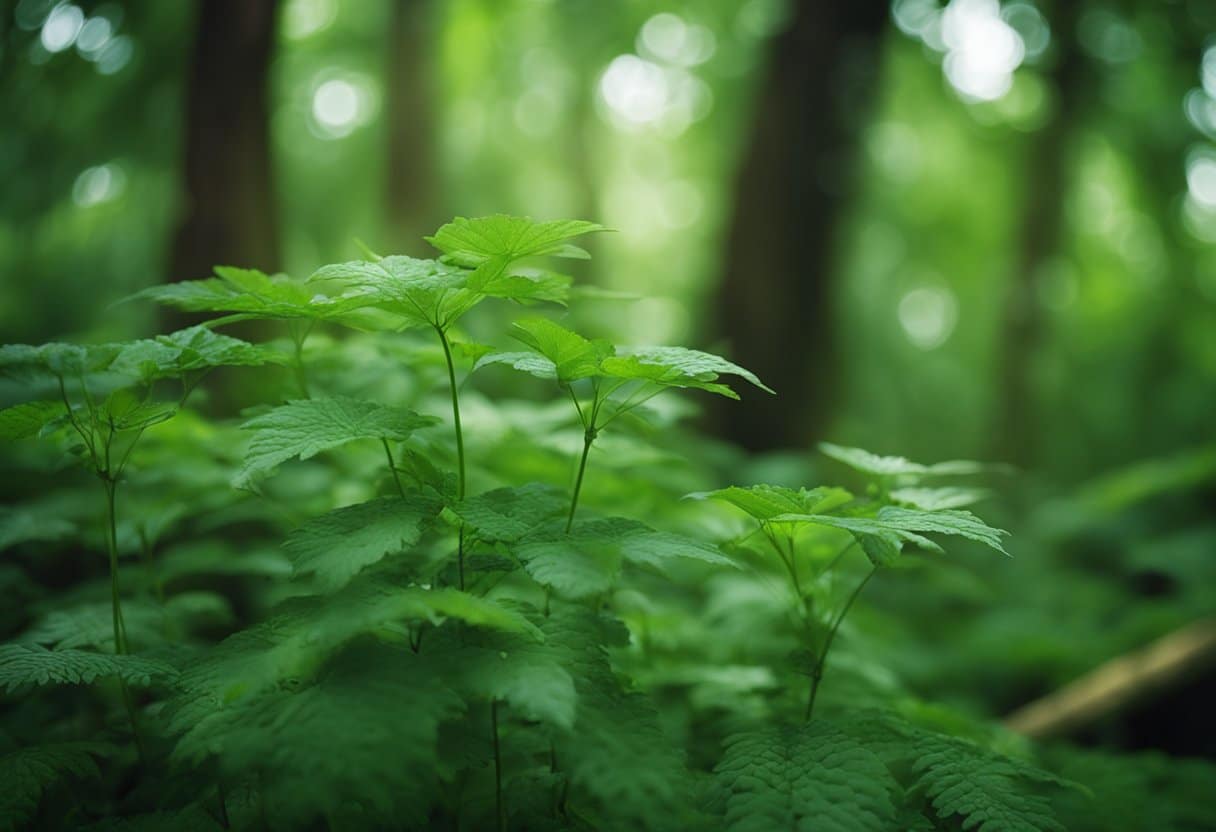 Lush forest with diverse plant life, animals, and insects. Indigenous healing herbs and remedies being gathered by local practitioners