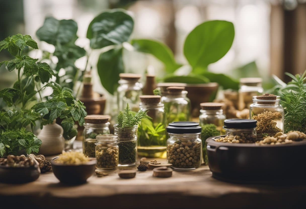 A diverse array of traditional healing plants and remedies from around the world displayed in a scientific exploration setting