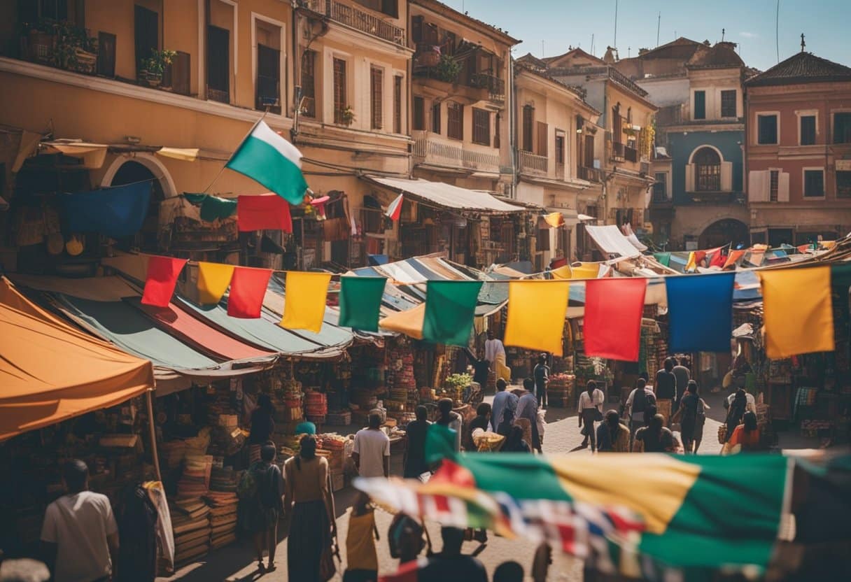 A vibrant marketplace with colorful buildings and flags representing different cultures, evoking a sense of diversity and emotional connection to the surroundings