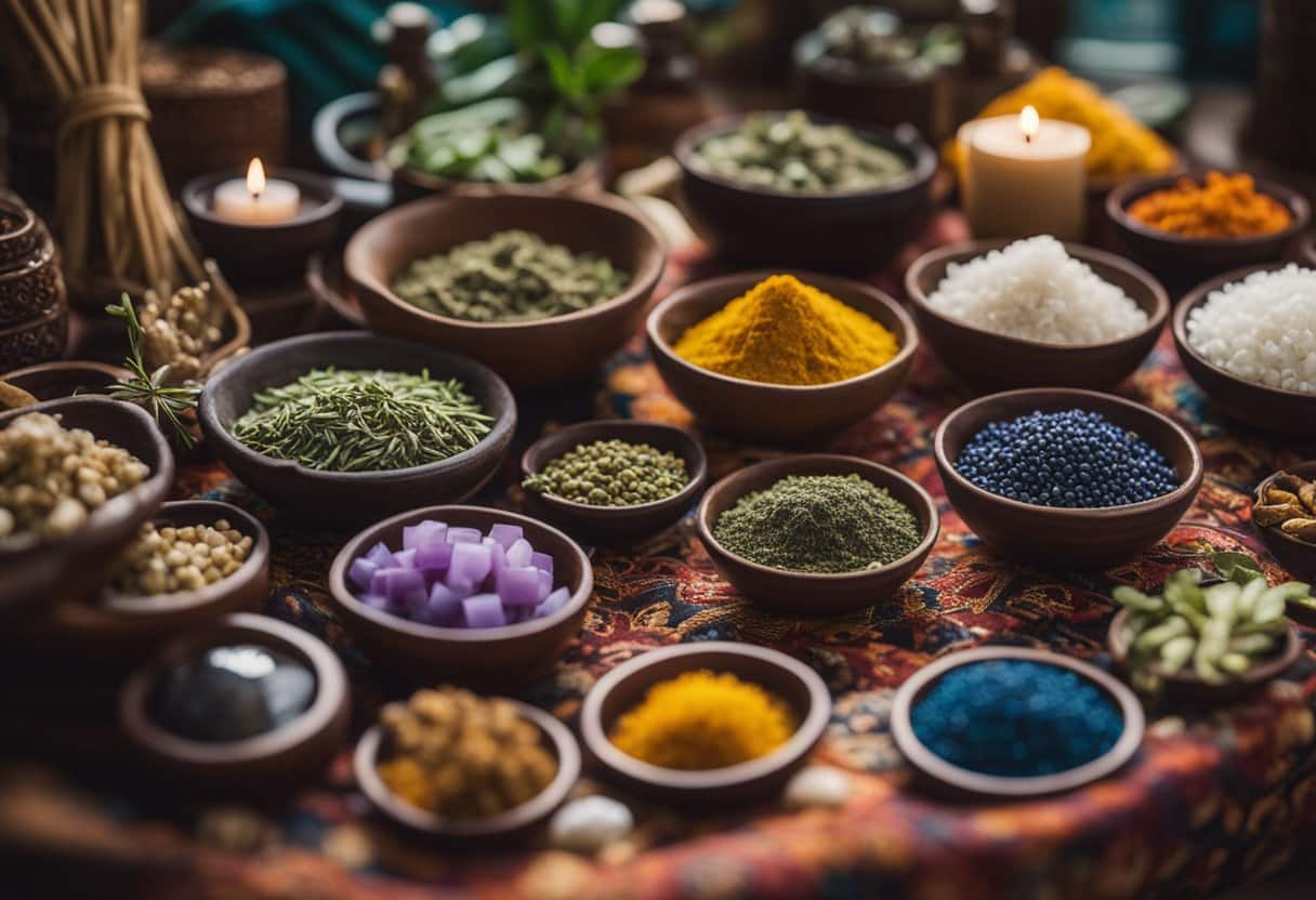 A diverse array of traditional healing tools and remedies from around the world, including herbs, crystals, and ritual objects, are displayed on a vibrant tapestry