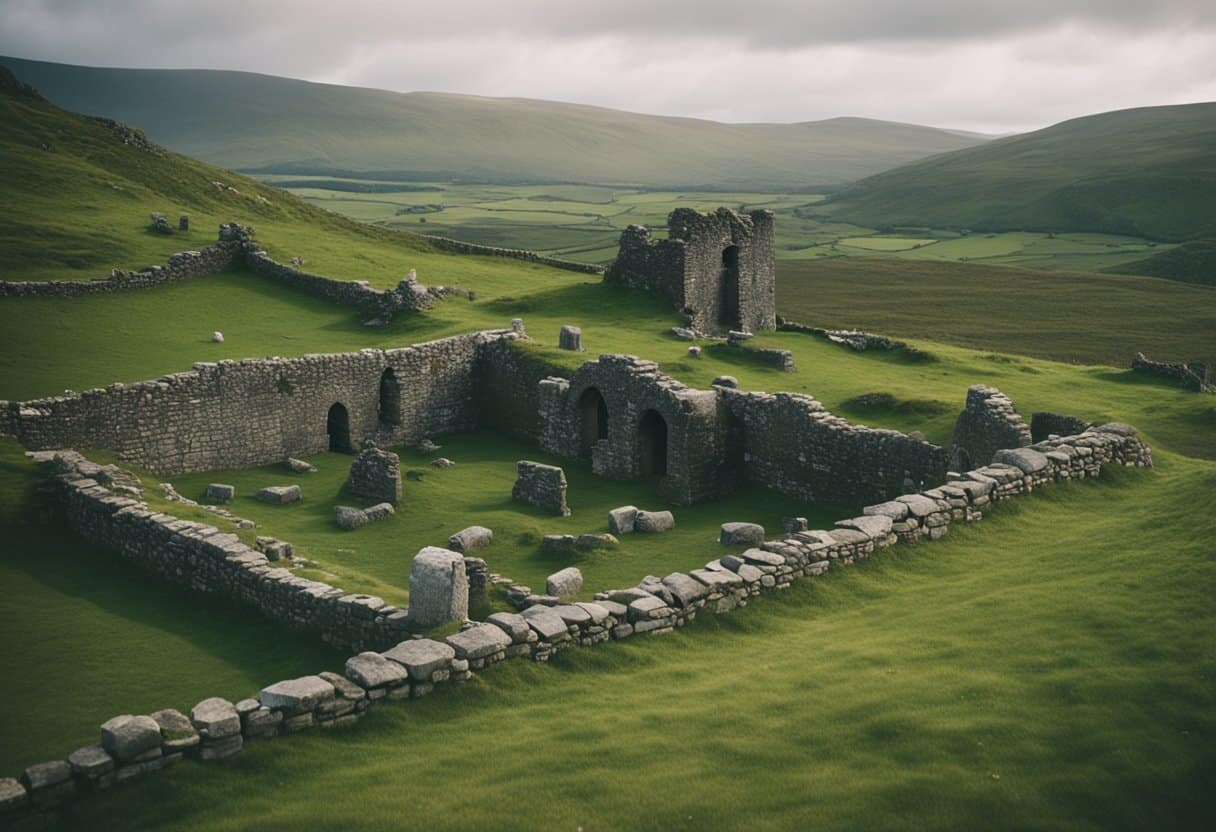 The Impact of Colonialism on Irish Folklore: The scene depicts a traditional Irish landscape with ancient ruins and mystical creatures, symbolizing the enduring impact of colonialism on Irish folklore