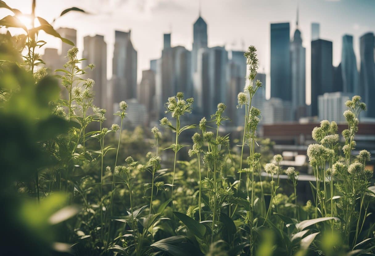 A modern city skyline with traditional healing herbs and tools juxtaposed against skyscrapers and technology