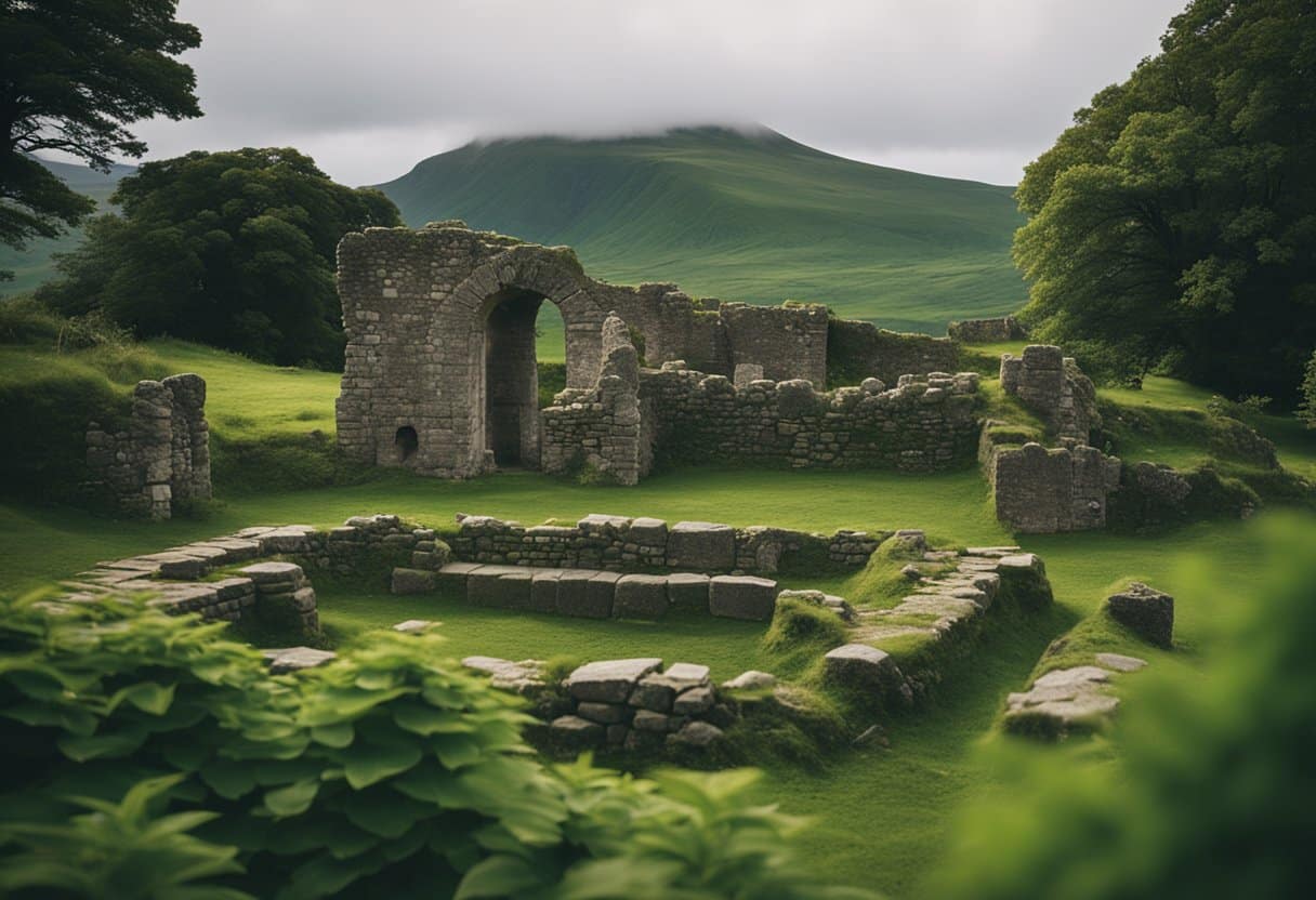 The Impact of Colonialism on Irish Folklore: A lush green landscape with ancient ruins, juxtaposed with modern influences and struggles.