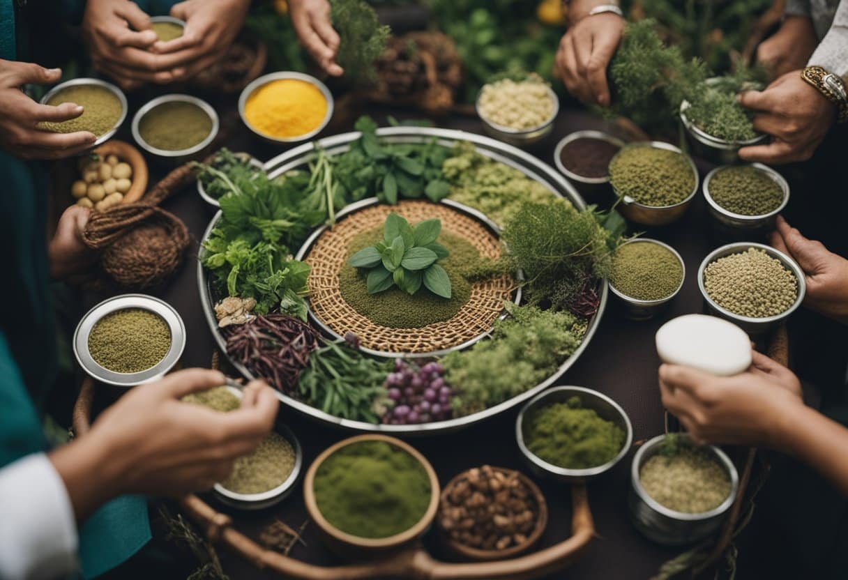 A diverse array of folk healing practices from around the world, including herbs, rituals, and traditional remedies, are woven together in a global tapestry