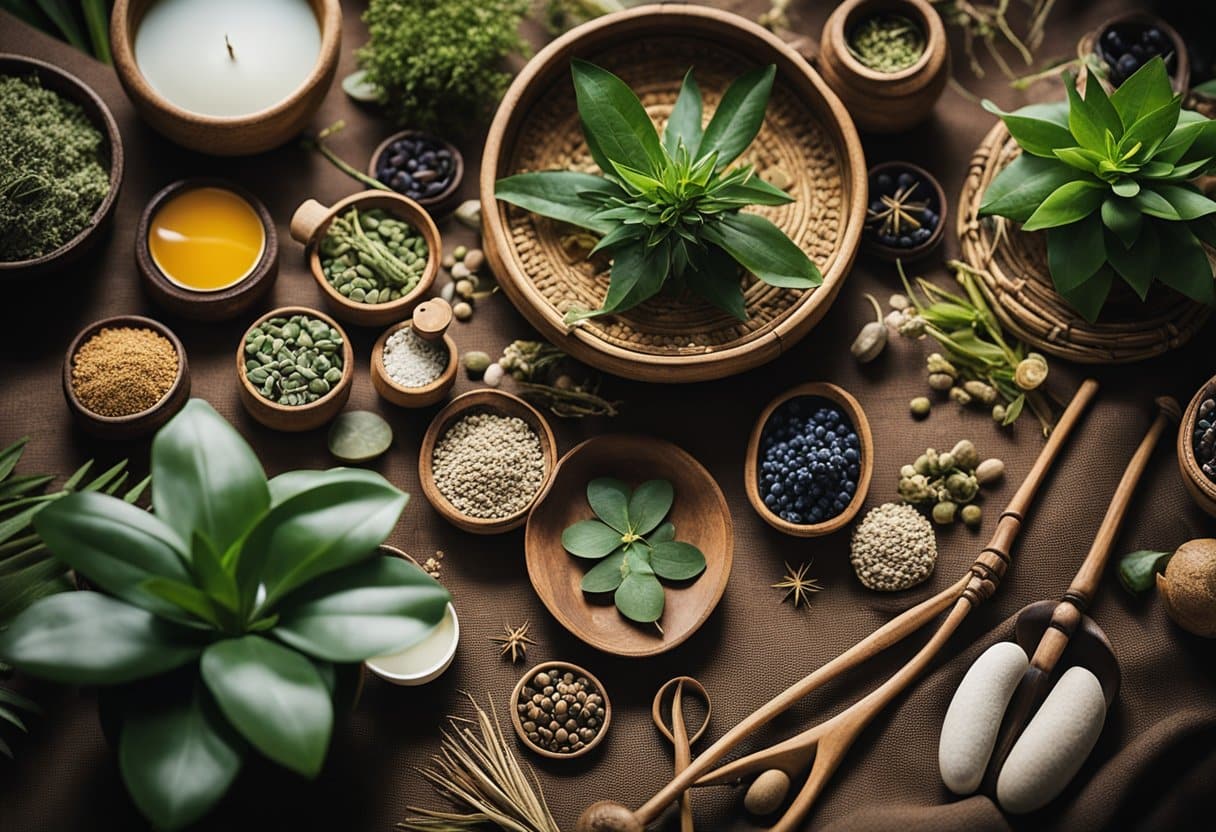 A diverse array of healing tools and plants from different cultures, displayed on a woven tapestry, symbolizing the global tradition of folk healing