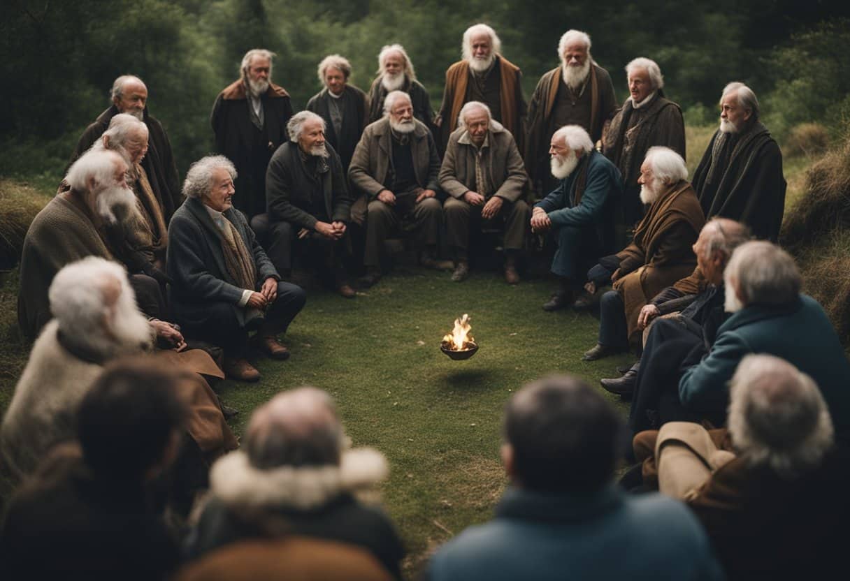 The Impact of Colonialism on Irish Folklore: A circle of elders tells stories around a flickering fire, passing down ancient Irish folklore despite the influence of colonialism