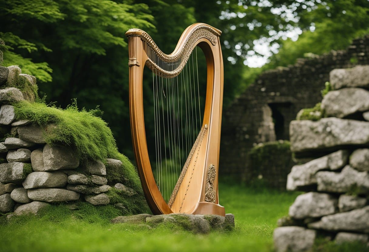 The Impact of Colonialism on Irish Folklore: A traditional Irish harp sits atop a stone wall, surrounded by lush greenery and ancient ruins, symbolizing the enduring presence of Irish folklore despite the influence of colonialism