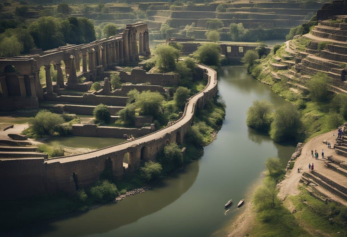 A river winds through a diverse landscape, passing by ancient ruins and modern cities. People gather along its banks, engaging in activities like fishing and transportation. The river symbolizes the interconnectedness of cultures and the importance of water for human civilization