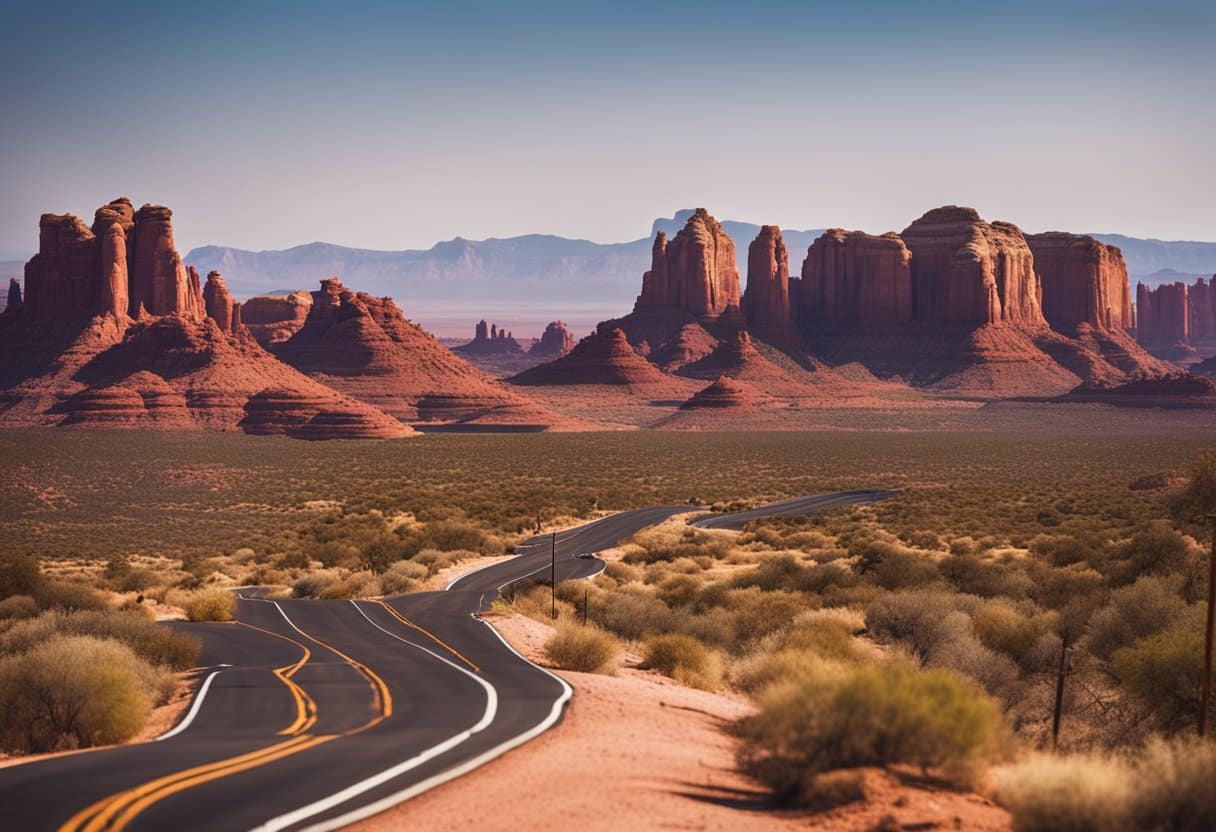 The Great American Road Trip: A winding road stretches through the desert, passing by the iconic red rock formations of the Southwest and leading towards the towering skyline of a bustling city on the horizon