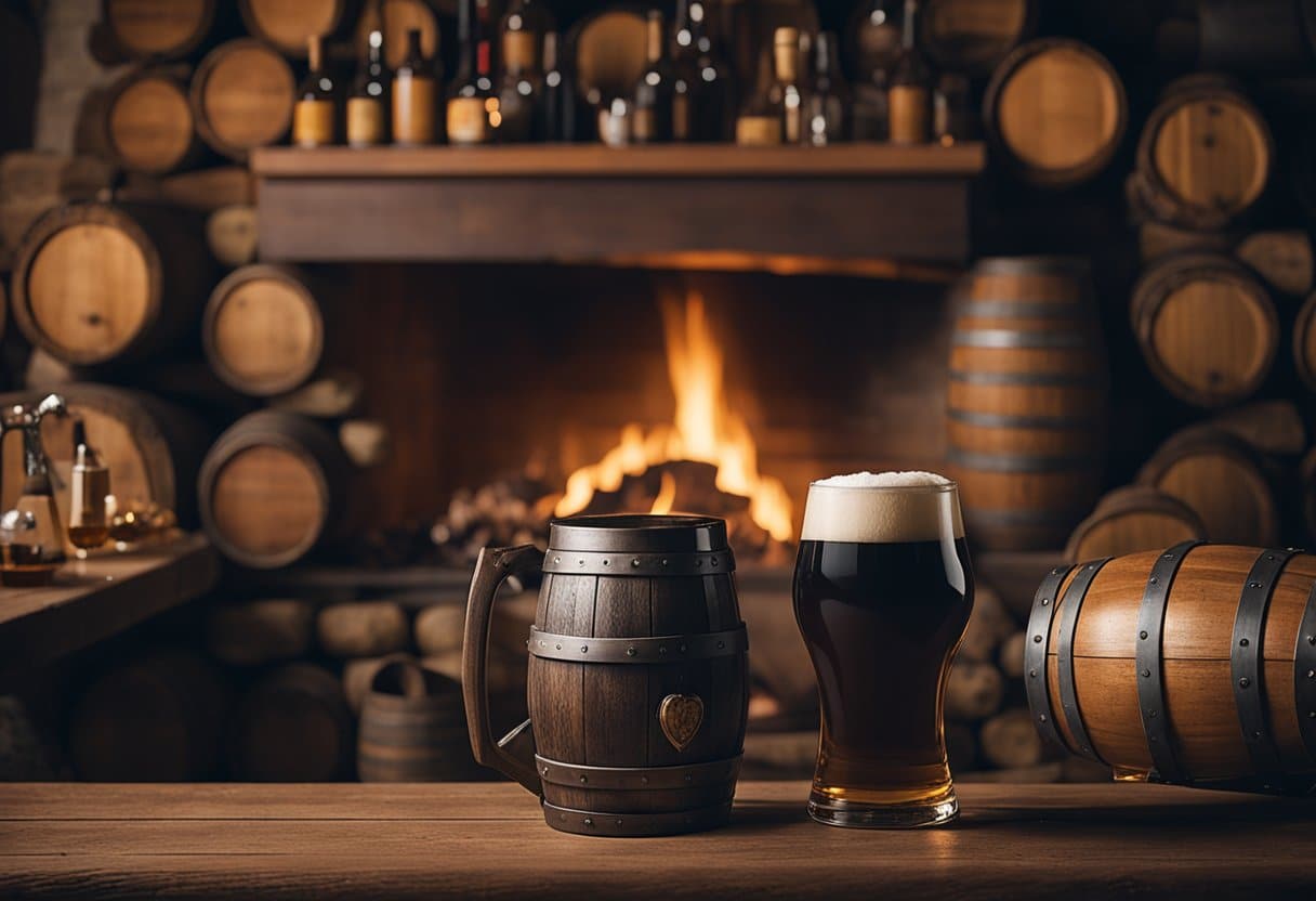 A Clurichaun sits by a cozy hearth, surrounded by barrels of ale. It grins mischievously, playing pranks on unsuspecting visitors