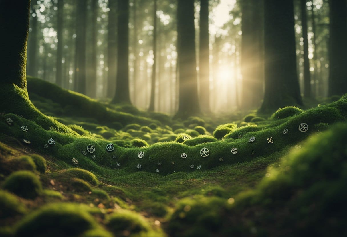 The Impact of Colonialism on Irish Folklore, A mystical forest with ancient Celtic symbols, a leprechaun hiding from invaders, and fading fairy circles