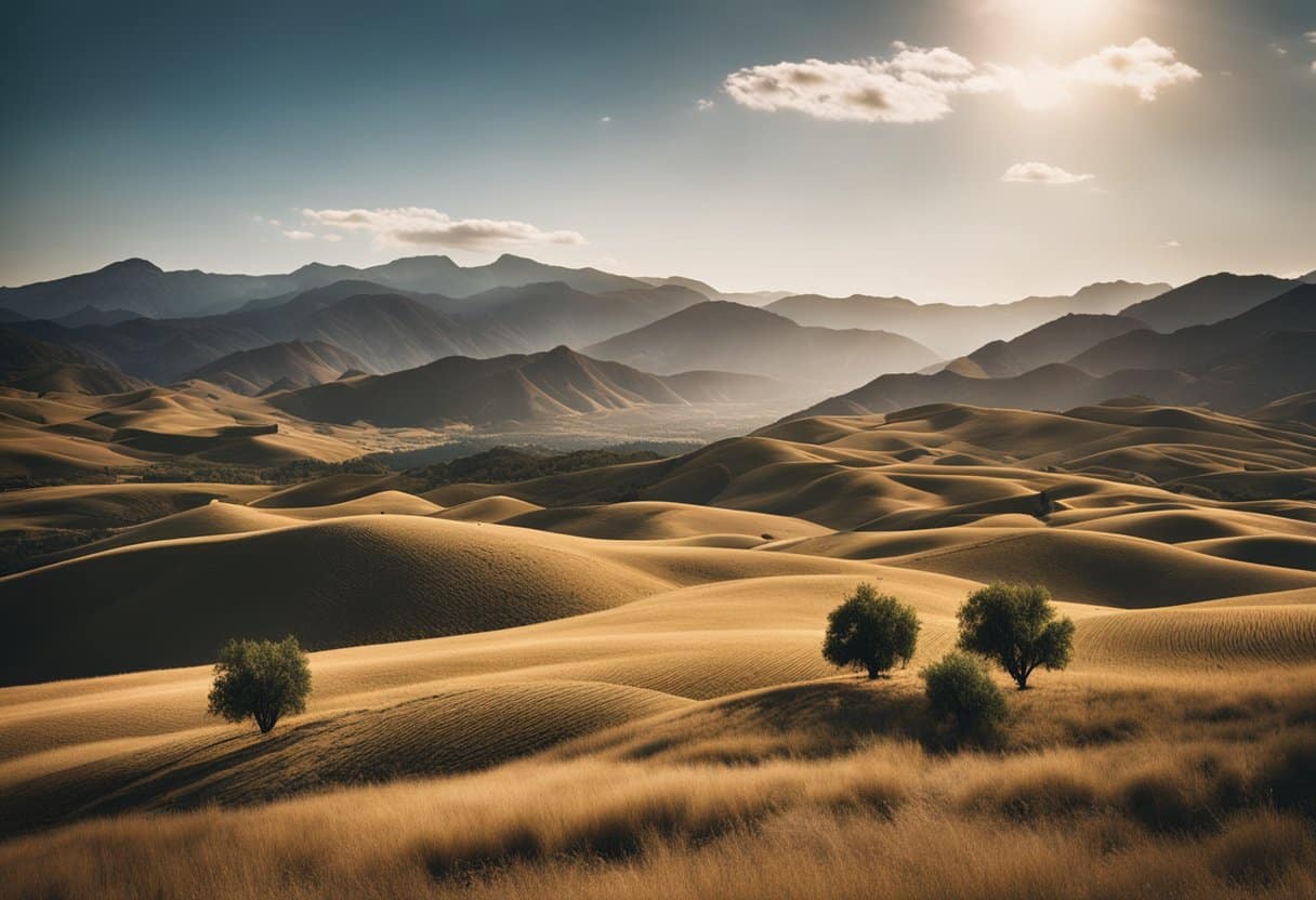 The Great American Road Trip: Rolling hills meet rugged mountains, giving way to vast deserts and lush forests. Iconic landmarks dot the landscape, from towering skyscrapers to ancient monuments