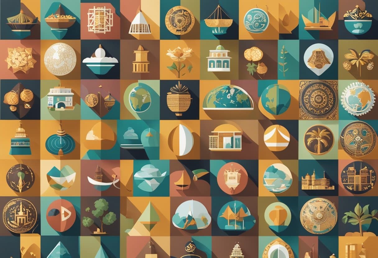 A diverse array of cultural symbols and products from around the world are displayed on a digital platform, symbolizing the connection and exchange of global cultures