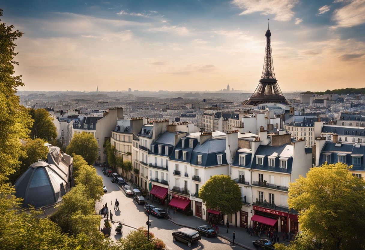 Bohemian Artists of Paris: The cobblestone streets of Montmartre bustle with artists, their easels capturing the vibrant colors of the city. The iconic windmill of Moulin Rouge stands tall against the Parisian skyline