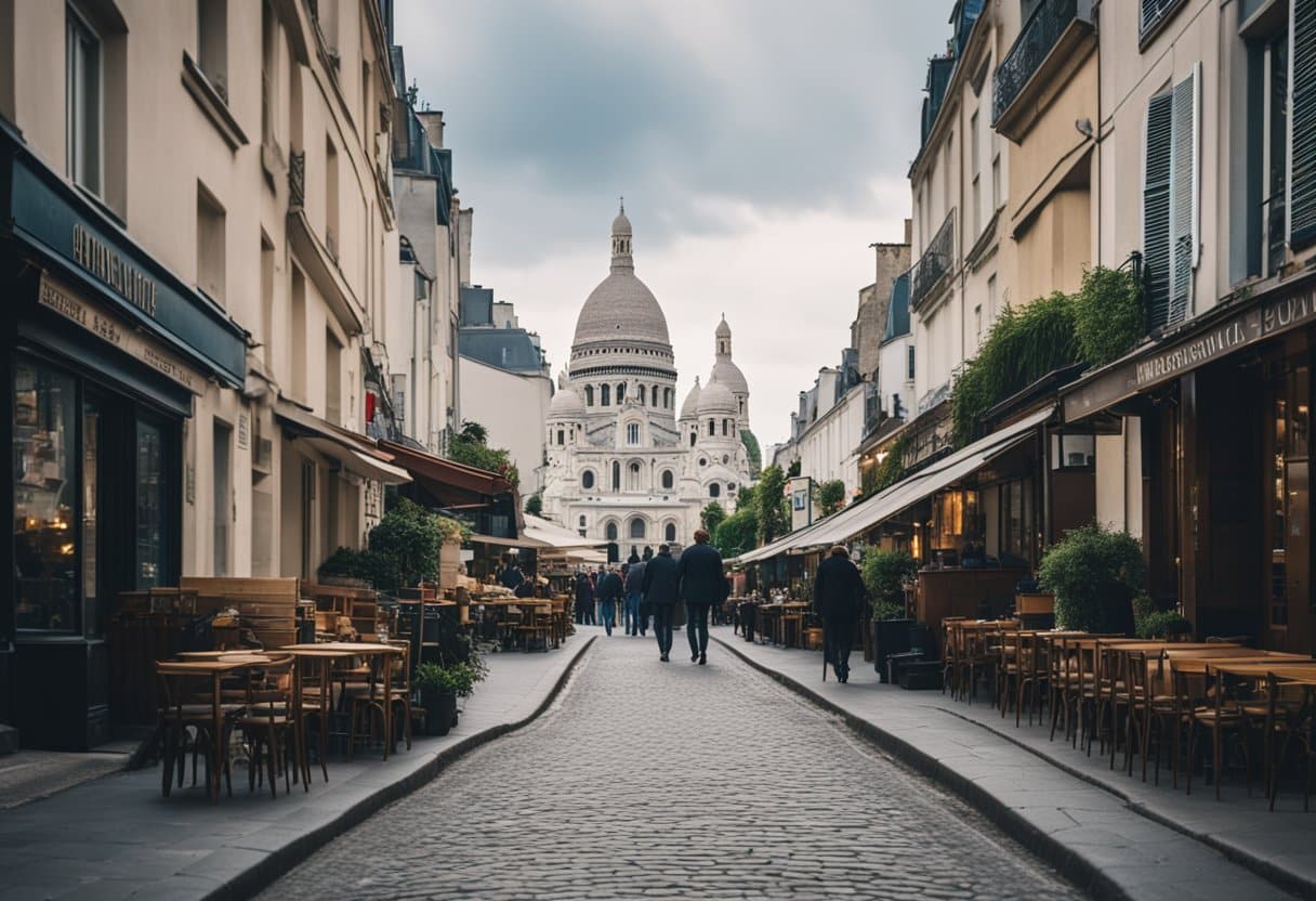 Bohemian Artists of Paris: A bustling Montmartre street, lined with iconic cafes and art studios, overlooked by the majestic Sacré-Cœur Basilica on the hill