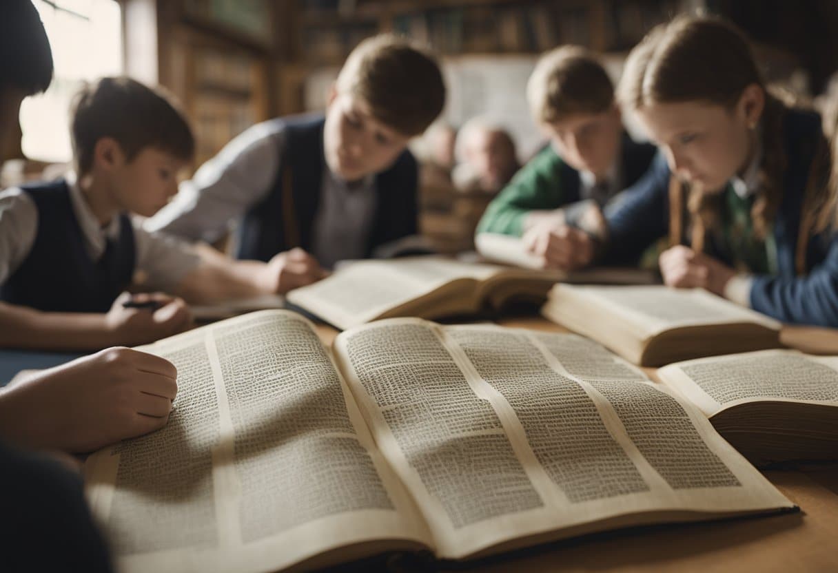 Ancient Irish symbols and texts surround a classroom, with students engrossed in learning about folklore and mythology