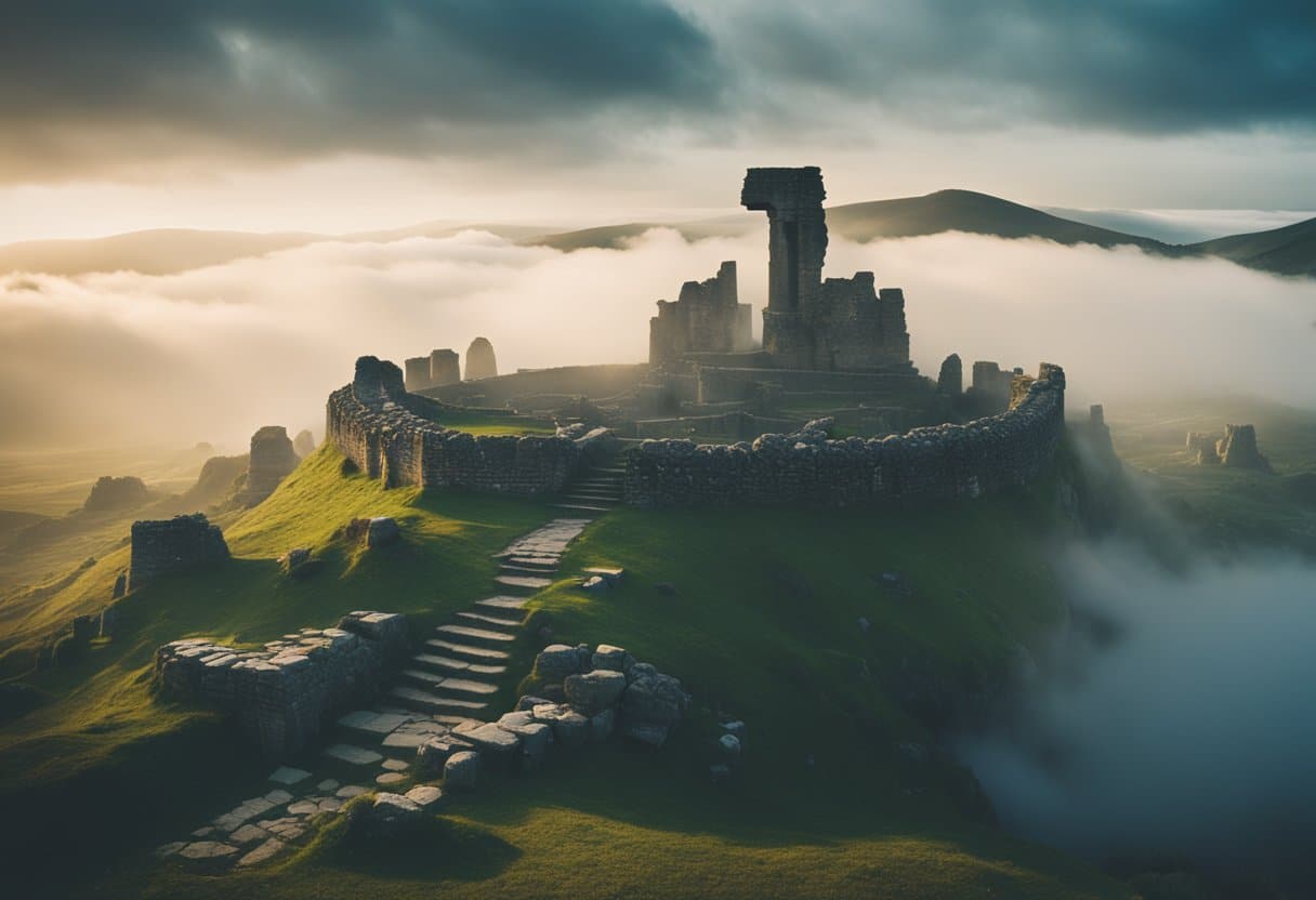 A mysterious figure floats above ancient Irish ruins, surrounded by swirling mists and glowing symbols