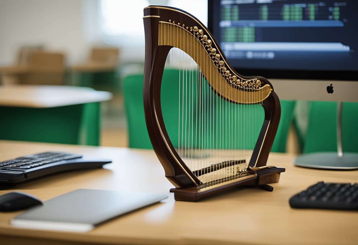 A traditional Irish harp stands beside a modern computer in a classroom, symbolizing the integration of folklore into the educational curriculum