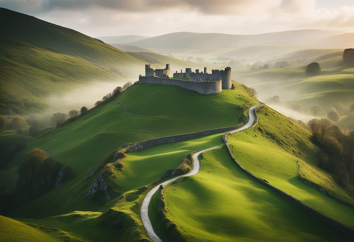 A misty, ancient Irish landscape with rolling green hills, a castle on a hill, and a winding river