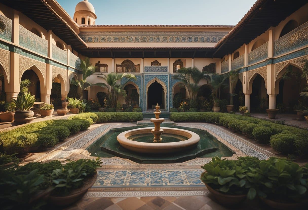 Moroccan Riads: A colorful courtyard with ornate tiles, lush greenery, and a central fountain, surrounded by arched doorways and intricate carvings. The scent of exotic spices and the sound of sizzling tagines fill the air