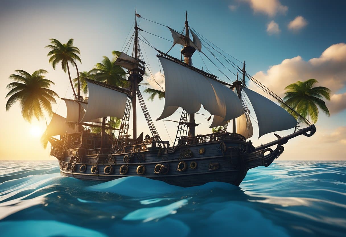The Golden Age of Piracy: A pirate ship sails through crystal blue waters towards a lush, tropical island. The sun sets behind towering palm trees as the Jolly Roger flag flutters in the sea breeze