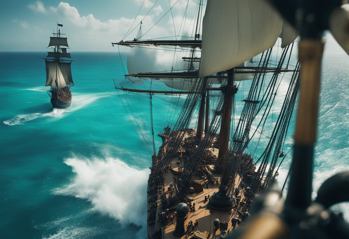 The Golden Age of Piracy: A fierce naval battle rages between pirate ships in the turquoise waters of the Caribbean. Cannons roar as ships maneuver through the waves, with billowing sails and Jolly Roger flags flying high