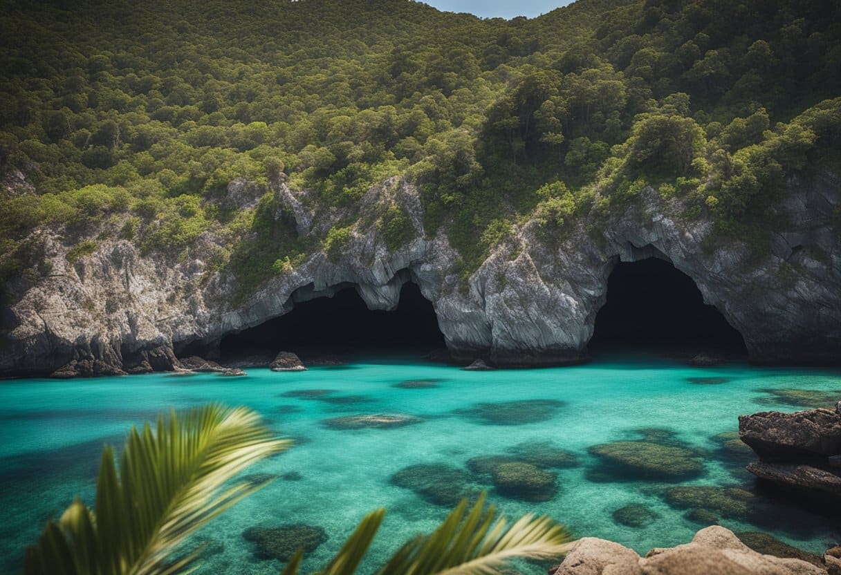 The Golden Age of Piracy: A secluded cove with rugged cliffs and palm trees, overlooking a crystal-clear Caribbean sea. A weathered pirate flag flutters in the salty breeze, while a hidden cave entrance leads to a secret stronghold